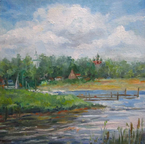 Templos de paisaje con río, Yaroslavl, Rusia, pintura al óleo —  Fotos de Stock