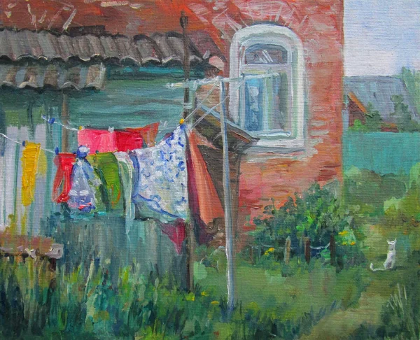 Casa di campagna, gatti e vestiti, pittura a olio su tela, Russia — Foto Stock