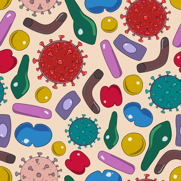 Bactérias vírus e germes células de microrganismos verde inversão sem costura padrão vetor ilustração —  Vetores de Stock