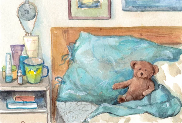 Yastıklı şirin bir sabah manzarası ve suluboya resimli oyuncak ayı.