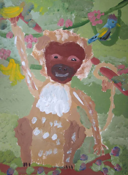 Gouache illustration with a little funny monkey in a tropical wood
