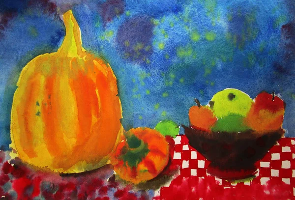 Autumn still life with pumpkins, watercolor colorful illustration
