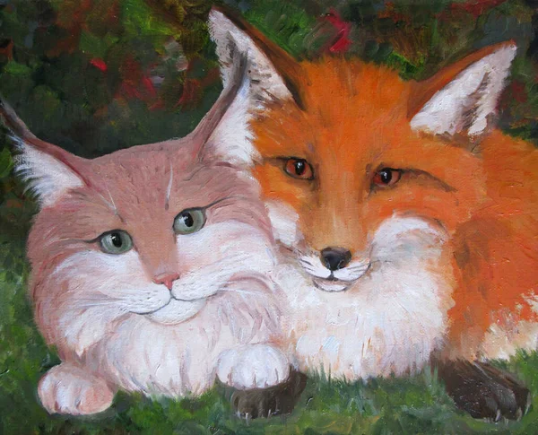 A Fox and a cat in the forest, oil painting — Stock Photo, Image