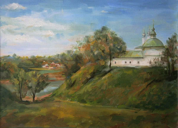 Kerk in de oude Russische stad, olieverfschilderij — Stockfoto