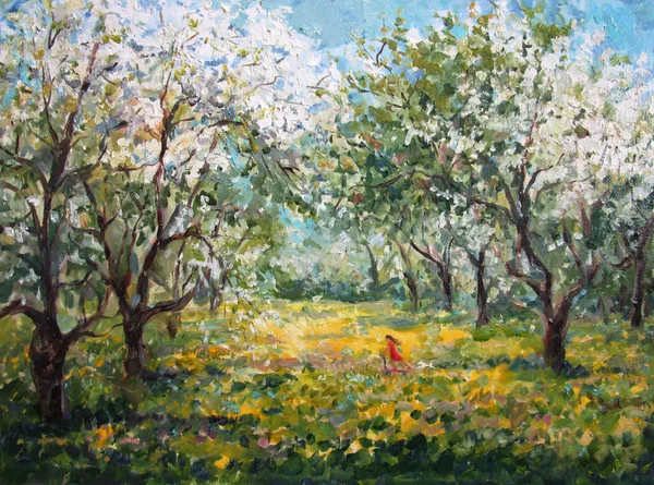 Blooming apple garden in spring, painting