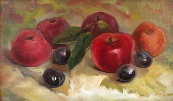 Pommes Mûres Prunes Automne Peinture — Photo