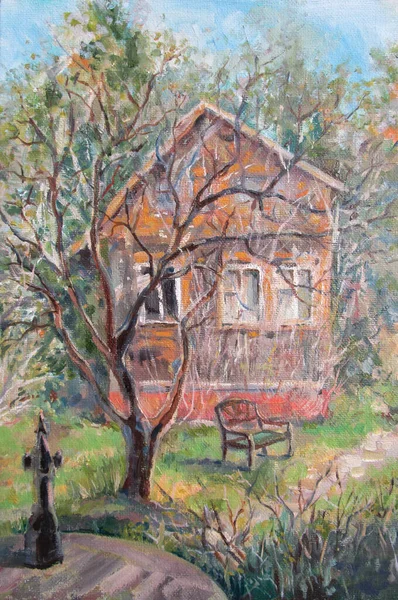Country house in spring, oil painting
