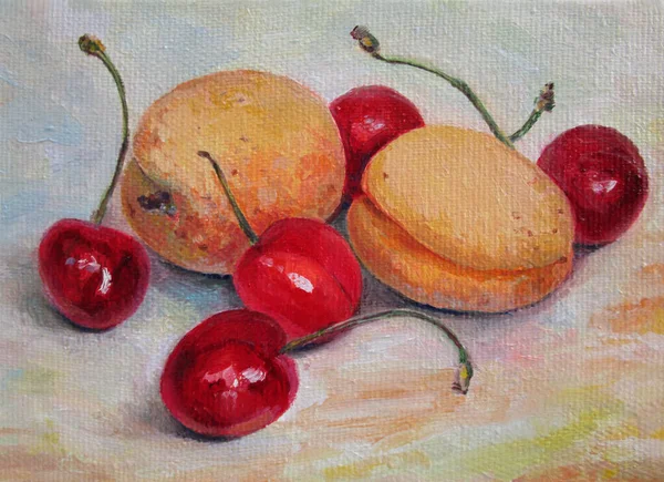 Abricots Cerises Peinture Huile — Photo