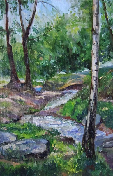 Forest Stream Summer Oil Painting — Stock Photo, Image