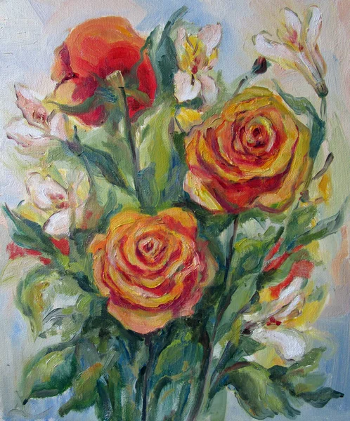 Bouquet Rose Arancioni Pittura Olio — Foto Stock