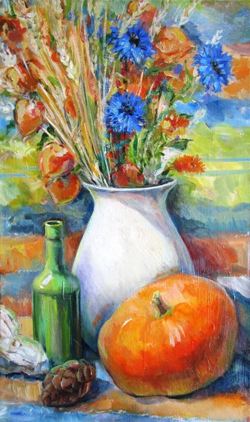 Nature Morte Avec Des Fleurs Automne Des Citrouilles Peinture — Photo