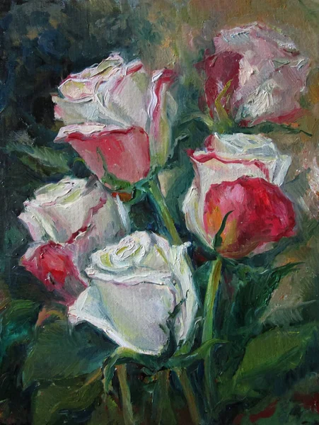 Pink roses on the dark background, painting