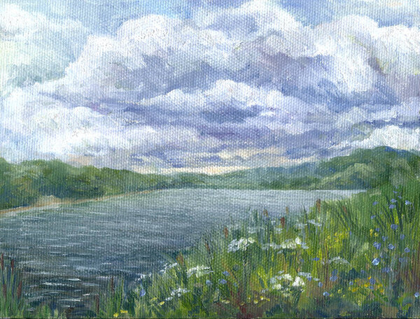 Sky over the river, oil painting