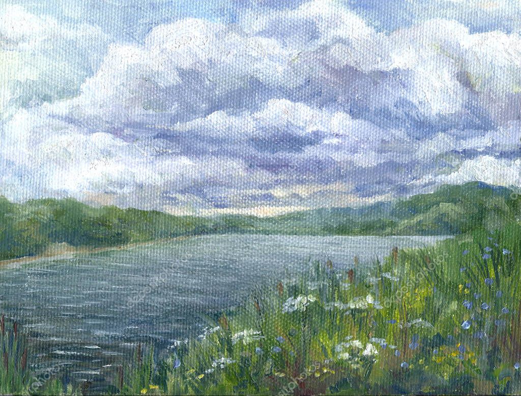 Sky over the river, oil painting
