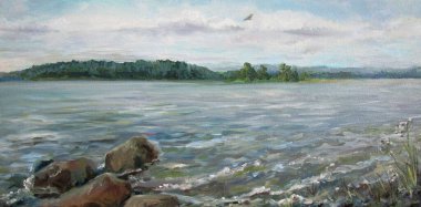 Volga nehri güneşli bir günde, resim yapıyor.