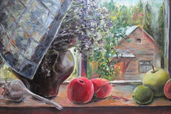 Vista de la ventana en el pueblo, alféizar de la ventana con manzanas, pintura al óleo —  Fotos de Stock