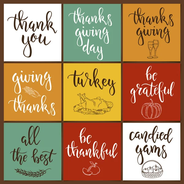 Thanksgiving day vintage gift tags en kaarten met kalligrafie. Handgeschreven letters. — Stockvector