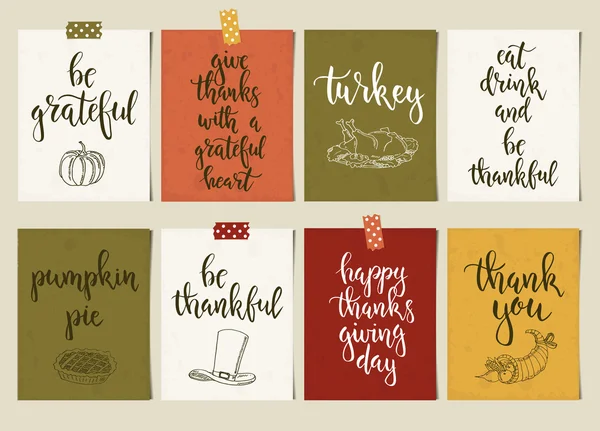 Thanksgiving day vintage gift tags and cards with calligraphy. Handwritten lettering. — Stock Vector
