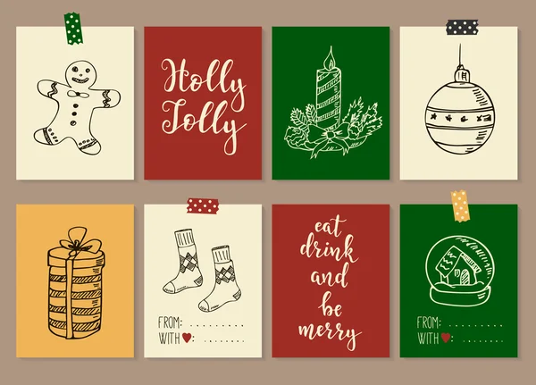 Joyeux Noël et bonne année vintage étiquettes cadeaux cartes avec calligraphie . — Image vectorielle
