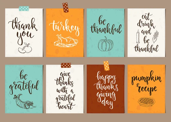 Thanksgiving day vintage gift tags en kaarten met kalligrafie. Handgeschreven letters. — Stockvector