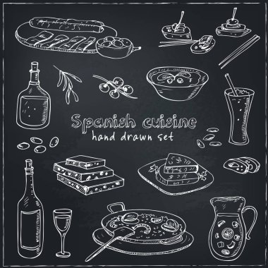 Vector hand drawn set of spanish cuisine: soup, liver in garlic Paella, meal with rice and seafood, fried cookie churros. clipart