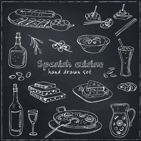 Ensemble vectoriel dessiné à la main de la cuisine espagnole : soupe, foie à l'ail Paella, repas avec riz et fruits de mer, churros biscuits frits . — Image vectorielle