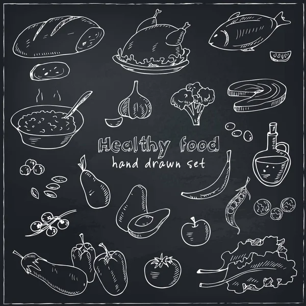 健康食品蔬菜、 水果、 肉矢量手绘集. — 图库矢量图片