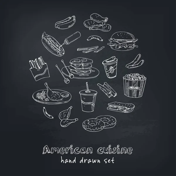 Set di cucina americana disegnato a mano vettoriale. hot dog, hamburger e cheeseburger, panino, bistecca, salsiccia, ketchup . — Vettoriale Stock