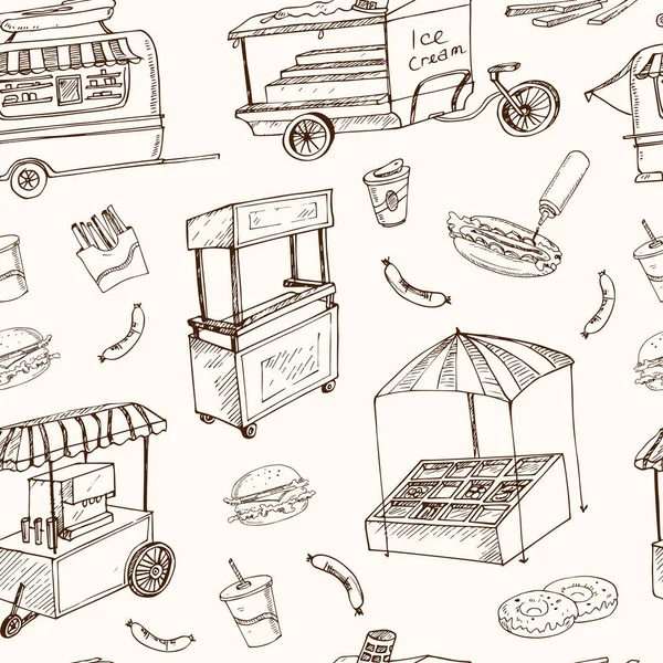 Camions et chariots de nourriture de rue vendant des hot-dogs wok plats ensemble doodle — Image vectorielle