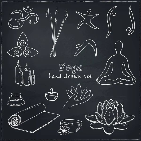 Símbolos, iconos y asanas de doodle yoga dibujado a mano. Ilustración vectorial para su diseño — Archivo Imágenes Vectoriales