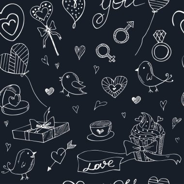 Valentine Kalpler, çiçekler, hediyeler, candus ve kuşlar ile seamless modeli doodle.
