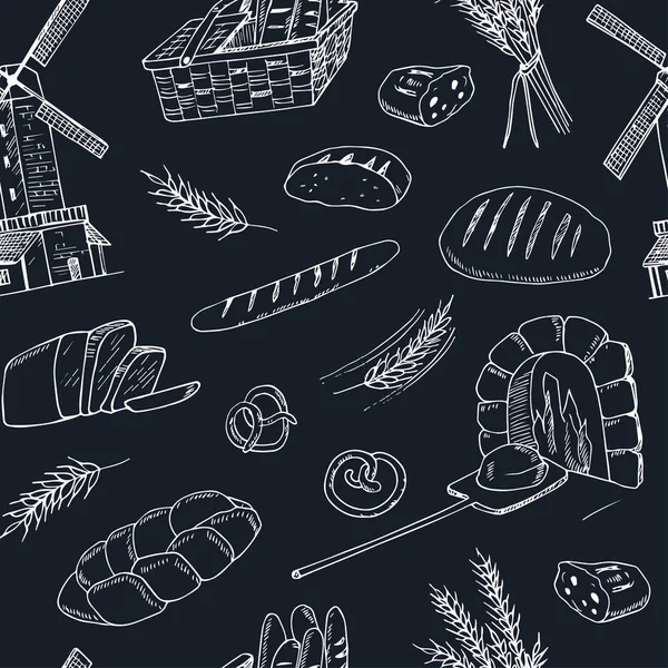 Bread vector hand drawn seamless pattern illustration. — Stock Vector