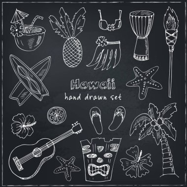 Palm Hawaii sembolleri ve gibi Hula etek, tiki Tanrılar, totem direği, davul, gitar, simgeleri,