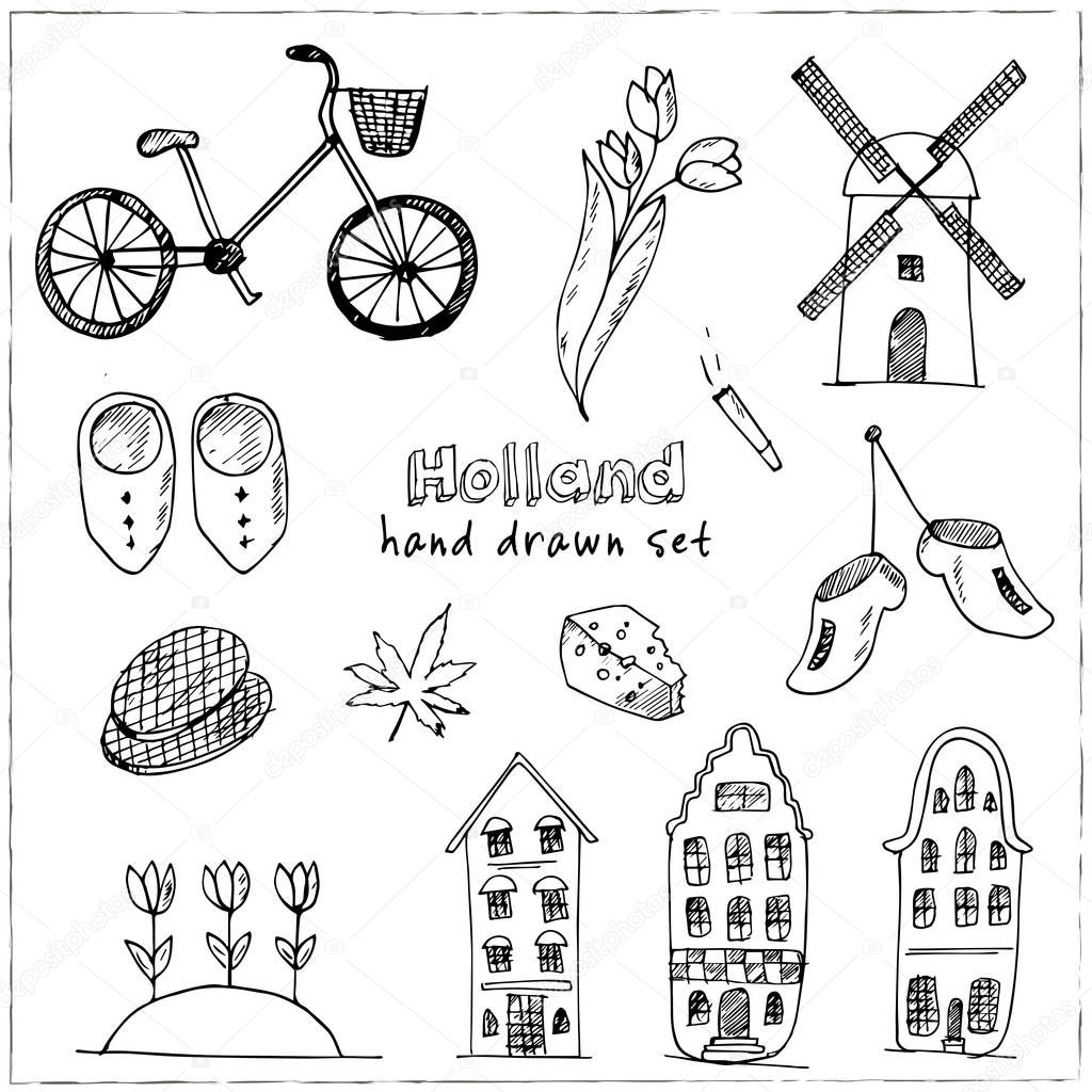 Doodle hand drawn collection of Holland icons. Netherlands culture elements for design. Vector illustration with travel objects