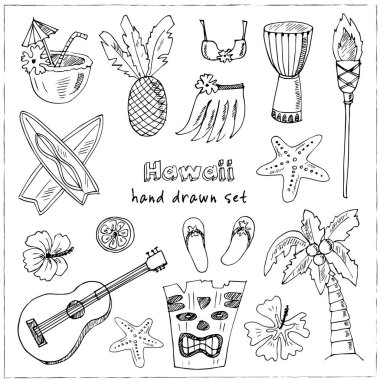 Palm Hawaii sembolleri ve gibi Hula etek, tiki Tanrılar, totem direği, davul, gitar, simgeleri,
