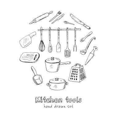 Doodle mutfak araç koleksiyonu - vektör çizim