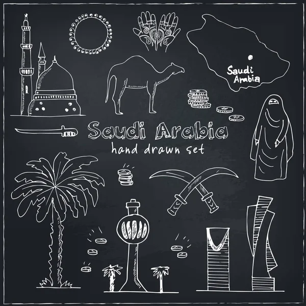 Ilustración dibujada a mano de Arabia Saudita Lugares de interés e iconos con país Inglés Árabe Modern doodle sketch vector — Archivo Imágenes Vectoriales