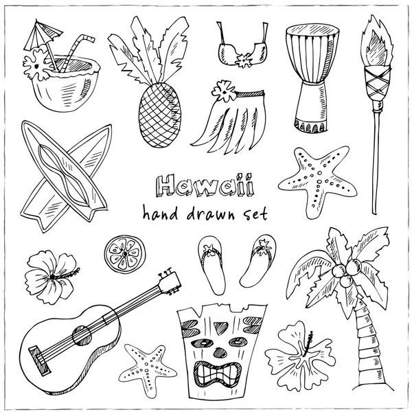 Hawaii symbolen en iconen, inclusief Hula rokje met tiki goden, totempaal, drums, gitaar, palm — Stockvector