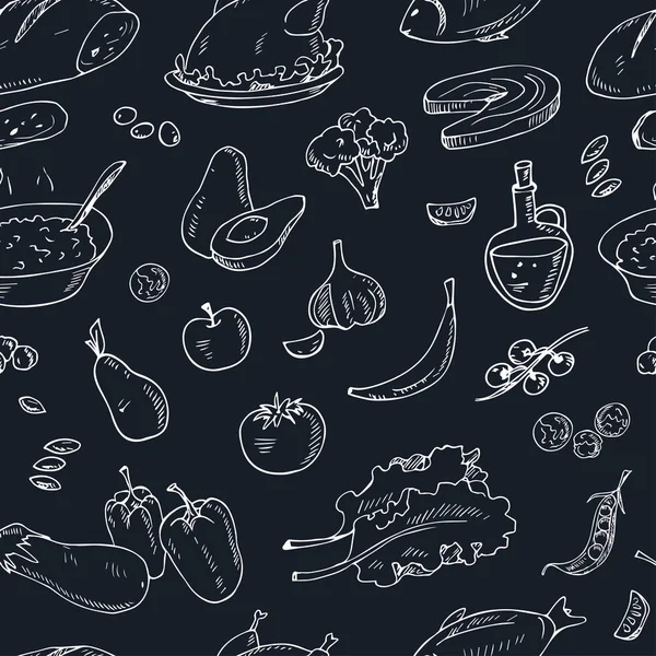 矢量手绘无缝模式健康食品蔬菜、 水果、 肉. — 图库矢量图片