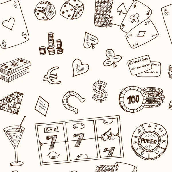 Elle çizilmiş doodle seamless modeli Casino kutsal kişilerin resmi. Vektör çizim. Kumar sembolleri karikatür. Yarım yamalak oyun öğeleri koleksiyonu: bahis, ikramiye, kartları, cips, paralar, rulet, poker, para, yuvası. — Stok Vektör
