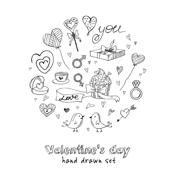 Valentine doodle zestaw z serca, kwiaty, prezenty, candus i ptaki. — Wektor stockowy