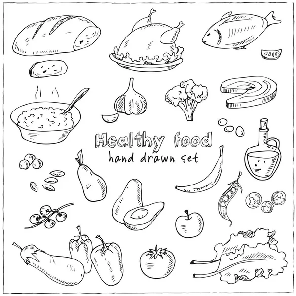 Vector handritad uppsättning av hälsosam mat grönsaker, frukter, kött. — Stock vektor