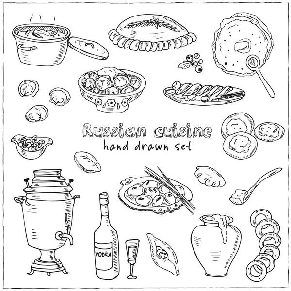 Vector mão desenhada conjunto de cozinha russa. panqueca, caviar vermelho, pelmeni, stroganoff de carne bovina, vodka e samovar . —  Vetores de Stock
