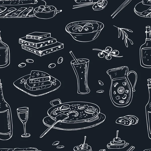 Vector hand getekende naadloze patroon Spaanse keuken: soep, lever in knoflook paella, maaltijd met rijst en zeevruchten, gebakken koekjes churros. — Stockvector