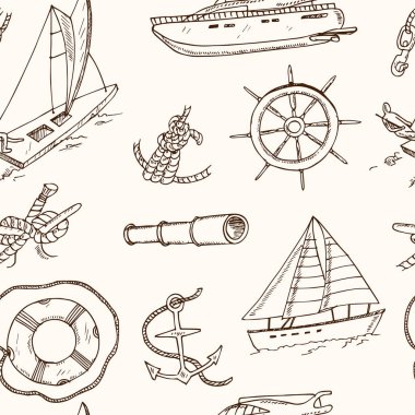 Dikişsiz desen vektör Yatçılık doodle simgeler. İzole nesneleri.