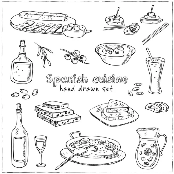 Vector hand drawn set of spanish cuisine. soup, liver in garlic Paella, meal with rice and seafood, fried cookie churros. — Stock Vector