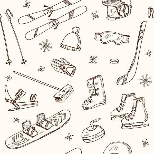 Winter Fun Sports, Activities and Accessories Hand-Drawn Notebook Doodles seamless pattern with Sled, Skis, Skates, Snowboard, Snowflake — Stock Vector