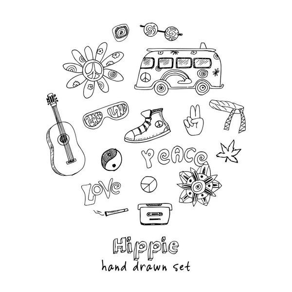 Vector hand drawn Doodle cartoon set of hippie objects and symbols — Stock Vector
