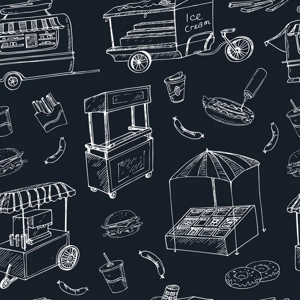 Straatvoedsel trucks en karren verkopen van hotdogs wok gerechten doodle naadloze patroon — Stockvector