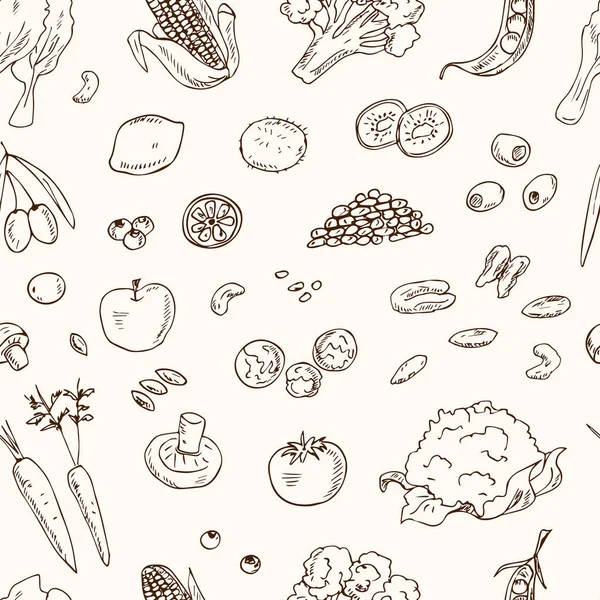 Vecteur dessiné à la main motif sans couture Alimentation végétarienne. Légumes, fruits . — Image vectorielle